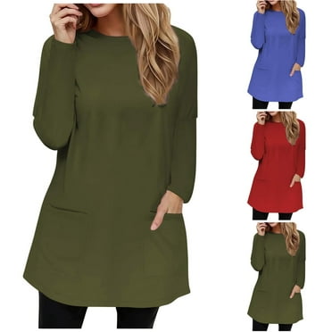 ATOYSOY Women's Crew Neck Sweatshirts Loose Tops with Pockets Long Sleeve Shirts Winter Clearance Solid Color Pullover Spring Fashion Workout Casual Blouse Dressy Tunic Green L