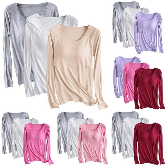 ATOYSOY Women's Crew Neck Sweatshirts Outwear 3 Pack Slim Basic Tops Retro Casual Cotton Shirts Long Sleeve Tees Fall Winter Fashion Solid Color Padded Pullover Beige L