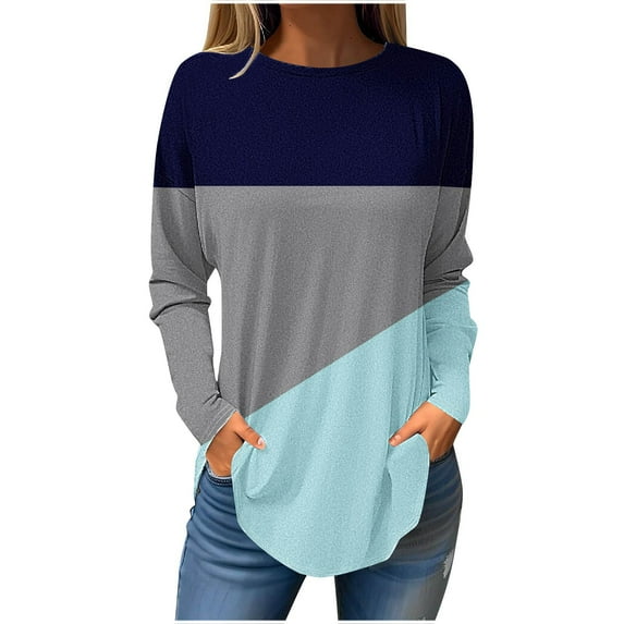 ATOYSOY Women's Crew Neck Sweatshirts Outwear Loose Dressy Tops Casual Shirts Fashion Long Sleeve Tees Fall Winter Retro Color Block Pullover Workout Blue M