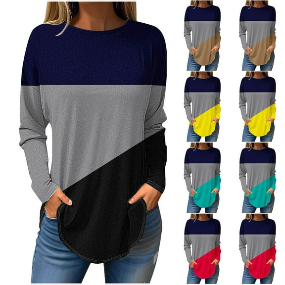 ATOYSOY Women's Crew Neck Sweatshirts Outwear Loose Dressy Tops Casual Shirts Fashion Retro Color Block Pullover Workout Long Sleeve Tees Fall Winter Black L