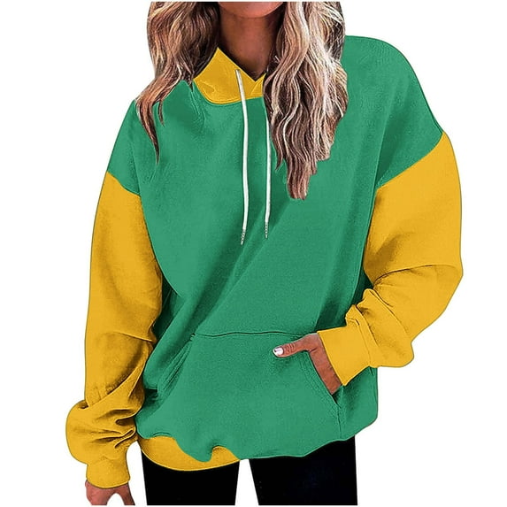 ATOYSOY Women's Crew Neck Sweatshirts Outwear Loose Hoodie Tops with Pockets Color Block Pullover Workout Casual Shirts Long Sleeve Tees Fall Winter Retro Fashion Green XL