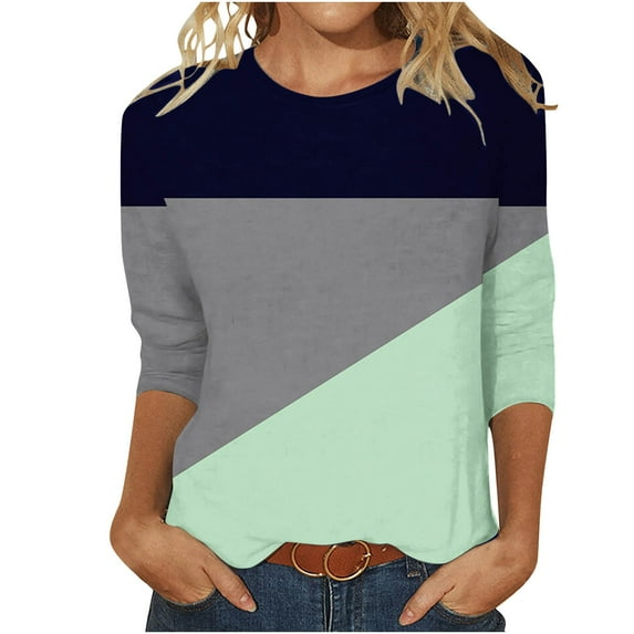 ATOYSOY Women's Crew Neck Sweatshirts Outwear Loose Tops 3/4 Sleeve Tees Fall Winter Retro Color Block Pullover Workout Casual Shirts Fashion Green L