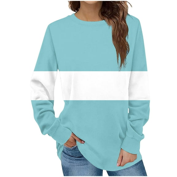 ATOYSOY Women's Crew Neck Sweatshirts Outwear Loose Tops Color Block Pullover Workout Casual Shirts Long Sleeve Tees Fall Winter Fashion Retro Blue M