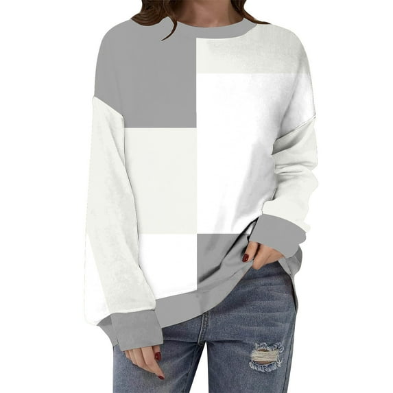 ATOYSOY Women's Crew Neck Sweatshirts Outwear Loose Tops Long Sleeve Tees Fall Winter Retro Solid Color Pullover with Pockets Workout Fashion Casual Shirts Gray M