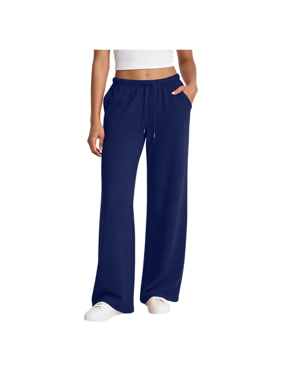 Women's Elasticated Waistband Side Pockets Stripe Split at Bottom Hem Wide Leg Pants