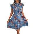 thumbnail image 1 of ATOYSOY Women's Elegant Casual Above Knee A Line Dress Pleated Flowy Floral Boho Beach Sundress Ruffle Sleeve Crew Neck Bowknot Retro Summer Saving Workout Dress for Girls Blue, 1 of 7