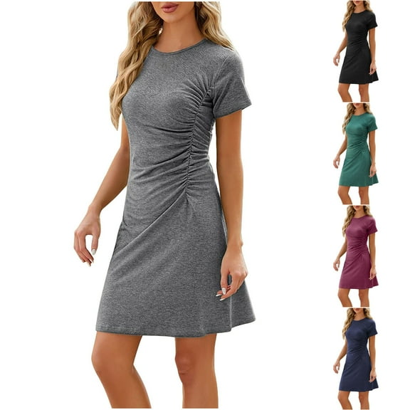 ATOYSOY Women's Elegant Casual Relaxed Slim Mini Loose Dress Pleated Cotton Lined Retro Round Neck Short Sleeve Trendy Beach Sundress Workout Dress for Girls Blue