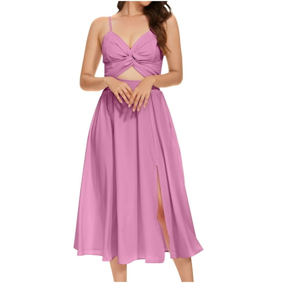 ATOYSOY Women's Elegant Casual Spaghetti Strap Cutout Tea Length A Line Split Dress High Waist Retro Sleeveless V Neck Beach Sundress Workout Dress for Girls Purple