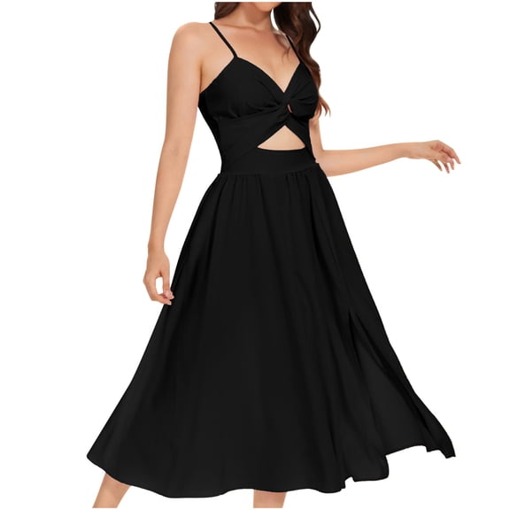 ATOYSOY Women's Elegant Casual Spaghetti Strap Cutout Tea Length A Line Split Dress High Waist Retro Sleeveless V Neck Beach Sundress Workout Dress for Girls Black