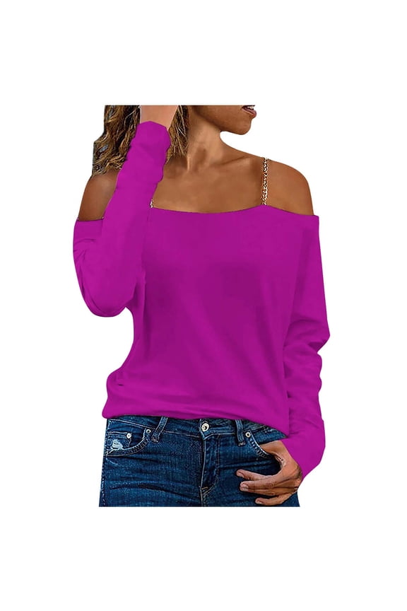 Women's Elegant Chain Tops Trendy Solid Color Blouses Off Shoulder Shirts Fall Long Sleeve Pullovers Relaxed Workout Comfy Casual Pink XXXL