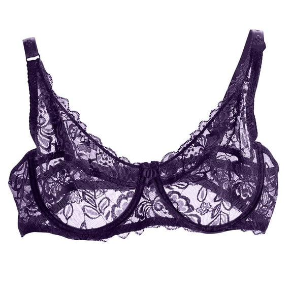 ATOYSOY Women's Everyday Bra Lace Mesh See Through Breathable Push Up Underwear Underwire Smoothing Comfort Bra Triangle Bralette Bra Deep V Clearance Purple L