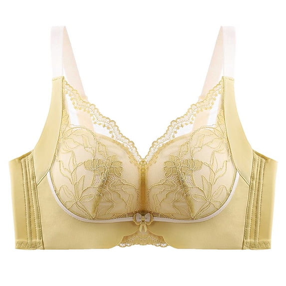 ATOYSOY Women's Everyday Bra Wireless Floral Lace Breathable Push Up Underwear Thin Lightweight Smoothing Comfort Bra Support Full Coverage Bra Yellow XL