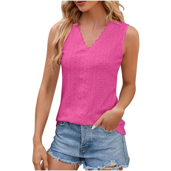 ATOYSOY Women's Eyelet Loose Tank Tops Dressy Tunic Beach Solid Color Sleeveless Trendy Tees V Neck Lace Crochet Splicing Elegant Summer Camisole Girls Retro Pink XL