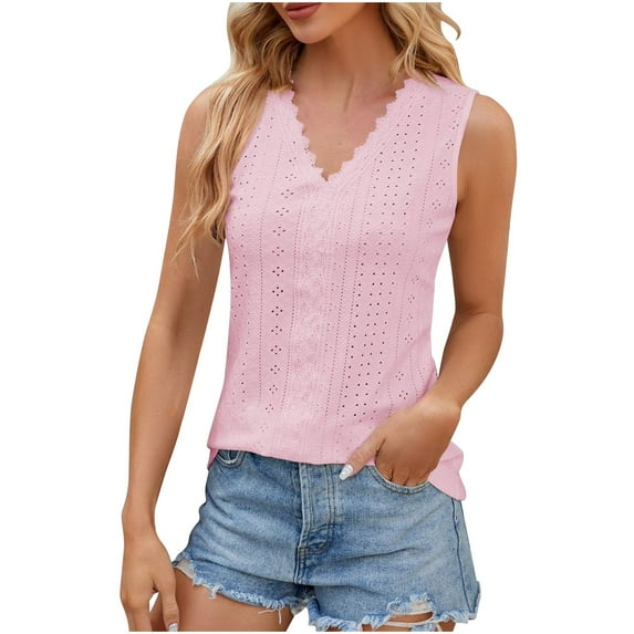 ATOYSOY Women's Eyelet Loose Tank Tops Dressy Tunic Beach Solid Color Sleeveless Trendy Tees V Neck Lace Crochet Splicing Elegant Summer Camisole Girls Retro Pink XXL