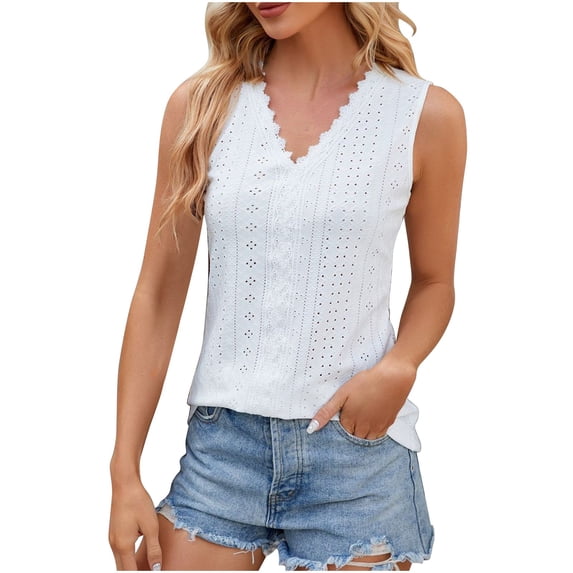 ATOYSOY Women's Eyelet Loose Tank Tops Dressy Tunic Beach Solid Color Sleeveless Trendy Tees V Neck Lace Crochet Splicing Elegant Summer Camisole Girls Retro White M