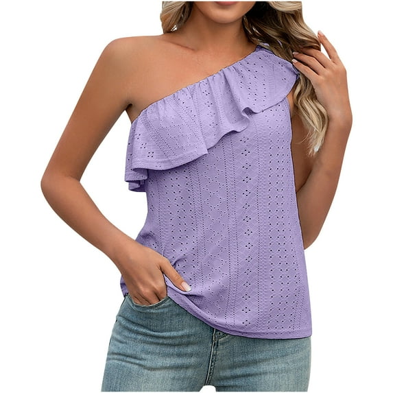 ATOYSOY Women's Eyelet Loose Tank Tops Dressy Tunic Beach Solid Color Trendy Tees One Shoulder Ruffle Casual Workout Elegant Summer Camisole Girls Retro Purple XL