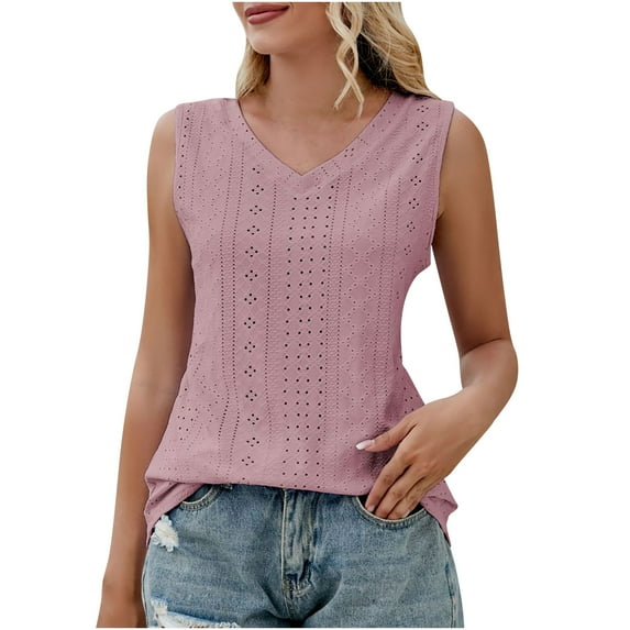 ATOYSOY Women's Eyelet Loose Tank Tops Dressy Tunic Casual Workout Summer Camisole Girls Retro Beach Solid Color Sleeveless Trendy Tees V Neck Red M