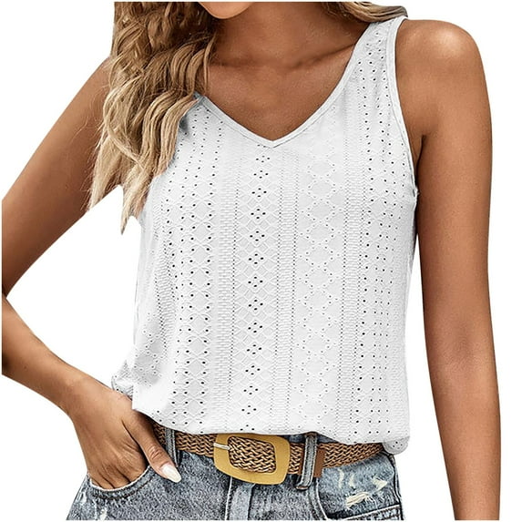 ATOYSOY Women's Eyelet Loose Tank Tops Dressy Tunic Retro Beach Solid Color Sleeveless Trendy Tees V Neck Casual Workout Versatile Summer Camisole Girls White XL