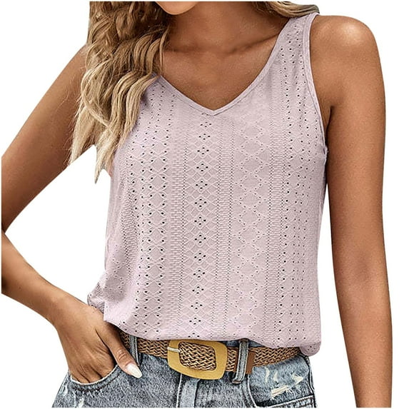 ATOYSOY Women's Eyelet Loose Tank Tops Dressy Tunic Retro Beach Solid Color Sleeveless Trendy Tees V Neck Casual Workout Versatile Summer Camisole Girls Pink XL