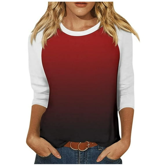 ATOYSOY Women's Fashion Clothes Gradient Pullovers Casual 3/4 Sleeve Tops Cute Going Out Business Tees Round Neck Blouses Summer Holiday Slim Raglan Shirts Red L