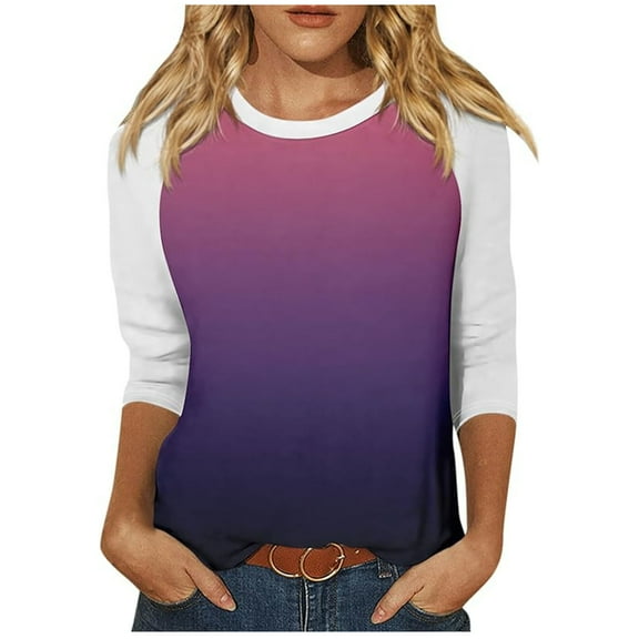 ATOYSOY Women's Fashion Clothes Gradient Pullovers Casual 3/4 Sleeve Tops Cute Going Out Business Tees Slim Raglan Shirts Round Neck Blouses Summer Holiday Purple M