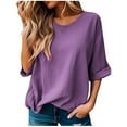 thumbnail image 1 of ATOYSOY Women's Fashion Clothes Solid Color Pullovers Casual 3/4 Sleeve Tops Cute Round Neck Blouses Summer Business Tees Holiday Loose Dressy Tunic Shirts Purple XL, 1 of 6