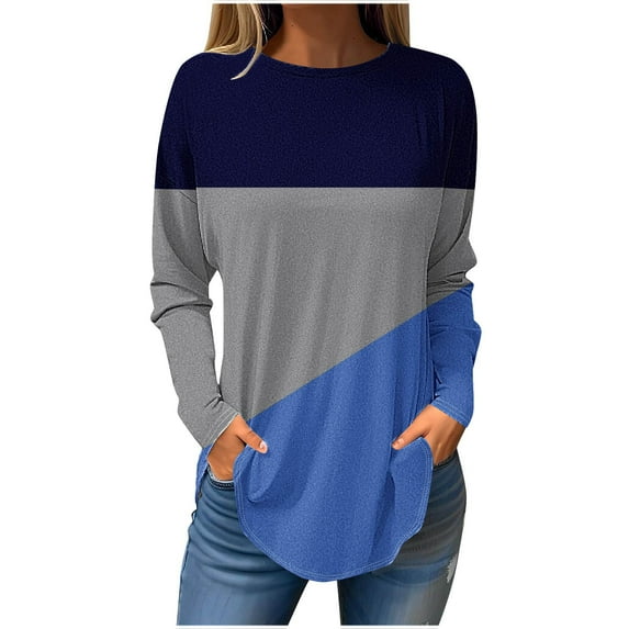 ATOYSOY Women's Fashion Color Block Pullover Workout Casual Shirts Loose Dressy Tops Retro Crew Neck Sweatshirts Outwear Long Sleeve Tees Fall Winter Blue M