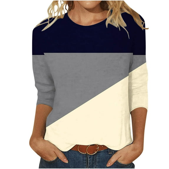 ATOYSOY Women's Fashion Color Block Pullover Workout Crew Neck Sweatshirts Outwear Retro 3/4 Sleeve Tees Fall Winter Loose Tops Casual Shirts Beige M