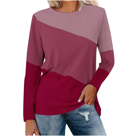 ATOYSOY Women's Fashion Color Block Pullover Workout Loose Tops Retro Long Sleeve Tees Fall Winter Casual Shirts Crew Neck Sweatshirts Outwear Pink XXL