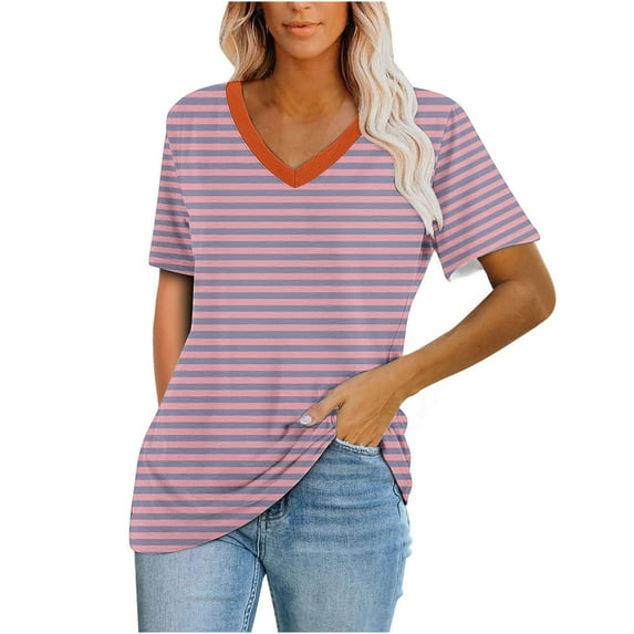 ATOYSOY Women's Fashion Comfy Striped Pullovers Summer Short Sleeve Tees V Neck Blouses Activewear Casual Workout Relaxed Shirts Retro Loose Tops Cleanrance for Female Pink S