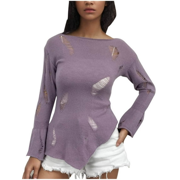 ATOYSOY Women's Fashion Pullover Long Sleeve Tees Fall Winter Casual Shirts Irregular Hem Crew Neck Sweatshirts Hollow Out Outwear Loose Ripped Tops Knitted Sweaters Purple XL