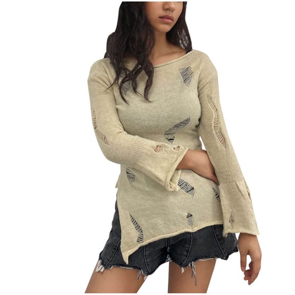 ATOYSOY Women's Fashion Pullover Long Sleeve Tees Fall Winter Casual Shirts Irregular Hem Loose Ripped Tops Knitted Sweaters Crew Neck Sweatshirts Hollow Out Outwear Yellow S