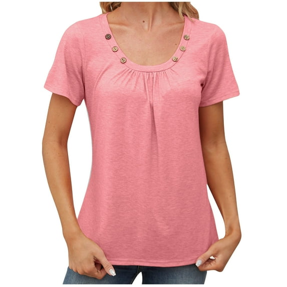 ATOYSOY Women's Fashion Pullovers Casual Cotton Lined Business Tees Square Neck Pleated Blouses Summer Loose Dressy Tunic Shirts Short Sleeve Tops Button Cute Holiday Pink XL