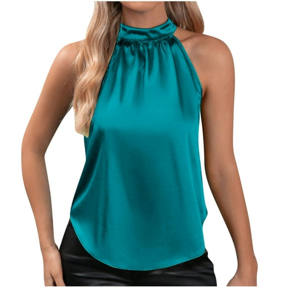 ATOYSOY Women's Fashion Solid Color Blouses Summer Loose Basic Tank Tops Workout Casual Elegant Satin Shirts Sleeveless Pullovers Hanging Neck Tees Activewear Green XL