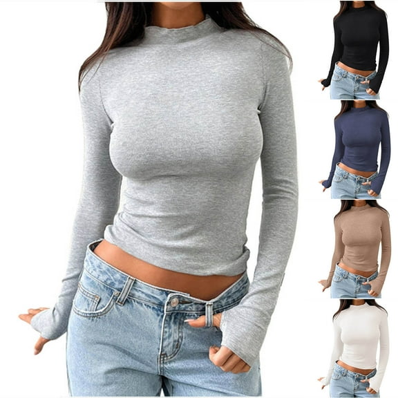 ATOYSOY Women's Fashion Solid Color Pullover Outwear Slim Basic Cropped Tops Casual Cotton Shirts Long Sleeve Tees Fall Winter High Neck Sweatshirts Black L