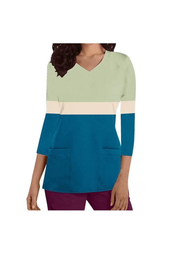 Women's Fashion Solid Color Pullover Pockets Workout Casual Shirts 3/4 Sleeve Tees Fall Winter V Neck Sweatshirts Outwear Loose Scrubs Tops Pockets Green XXL