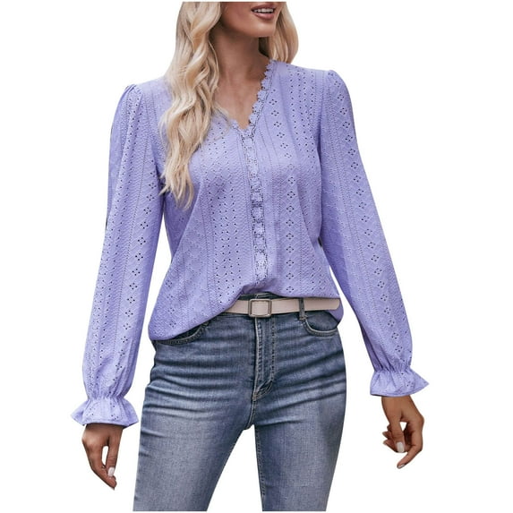 ATOYSOY Women's Fashion Solid Color Pullover Spring V Neck Sweatshirts Long Sleeve Shirts Winter Workout Casual Blouse Eyelet Loose Tops Elegant Purple M