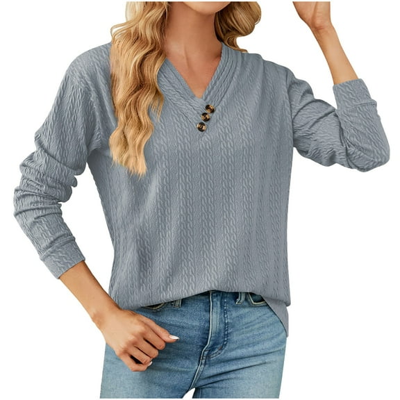 ATOYSOY Women's Fashion Solid Color Pullover Spring Workout Casual Blouse Pleated V Neck Button Sweatshirts Loose Tops Long Sleeve Shirts Winter Gray M