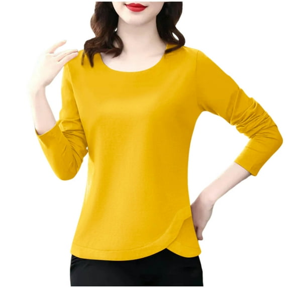 ATOYSOY Women's Fashion Solid Color Pullover Spring Workout Long Sleeve Shirts Winter Loose Tops Casual Blouse Cotton Crew Neck Sweatshirts Yellow L