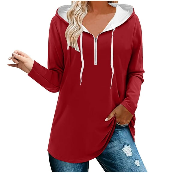 ATOYSOY Women's Fashion Solid Color Pullover Workout Quarter Zipper Sweatshirts Outwear Loose Hoodie Tops Long Sleeve Tees Fall Winter Retro Casual Shirts Red XL