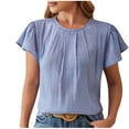 thumbnail image 1 of ATOYSOY Women's Fashion Solid Color Pullovers Summer Round Neck Blouses Casual Elegant Dressy Shirts Cleanrance Ruffle Sleeve Basic Tees Loose Pleated Tops for Female Blue XL, 1 of 5