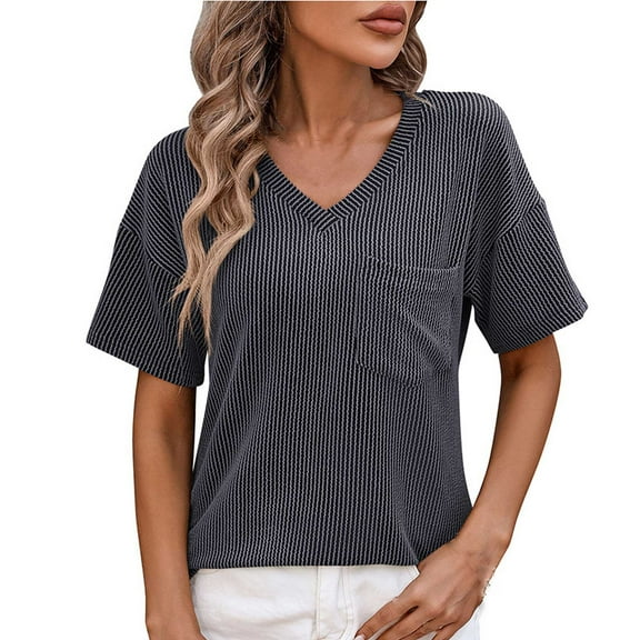 ATOYSOY Women's Fashion Solid Color Pullovers Summer Short Sleeve Tees Workout Casual Relaxed Shirts V Neck Blouses Activewear Ribbed Loose Tops Pockets Gray S