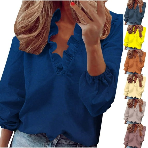 ATOYSOY Women's Fashion Solid Color Ruffle Pullover Spring Long Sleeve Shirts Winter Loose Tops V Neck Sweatshirts Casual Elegant Blouse Workout Beige L