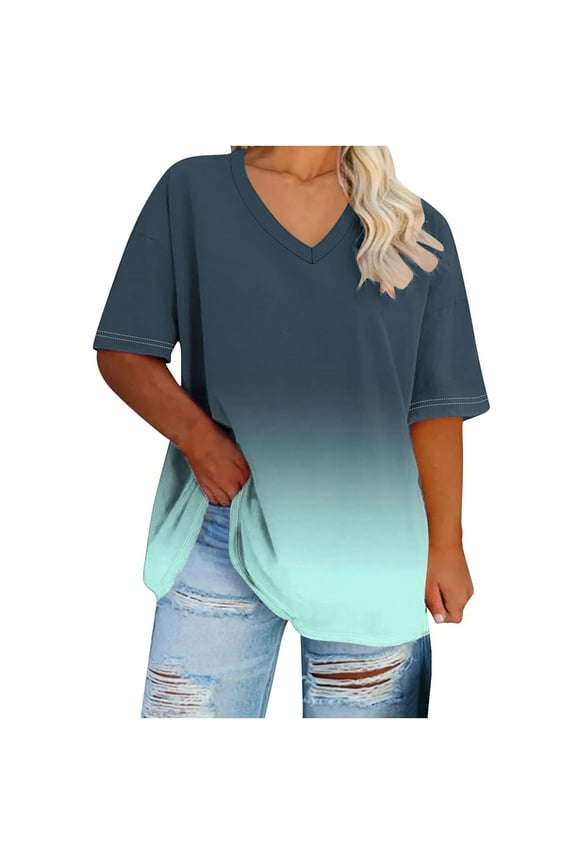 Women's Fashion Workout Gradient Loose Pullover Dressy Summer Plus Size Tops Casual Comfy Tunic V Neck Blouses Retro Activewear Short Sleeve Tees Green XXXL