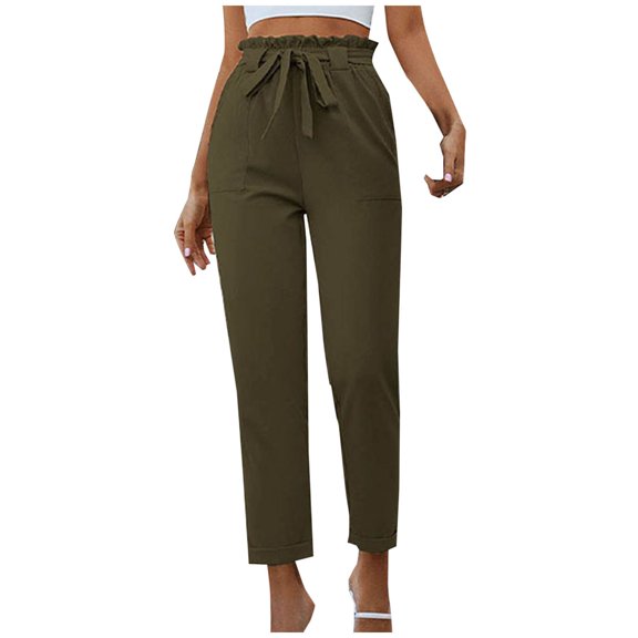 ATOYSOY Women's Flat Front Pant Cropped Retro High Waist Trendy Pants Pockets Trousers Solid Color Sweatpants Elegant Ruffle Bandage Casual Workout Stretch Green M