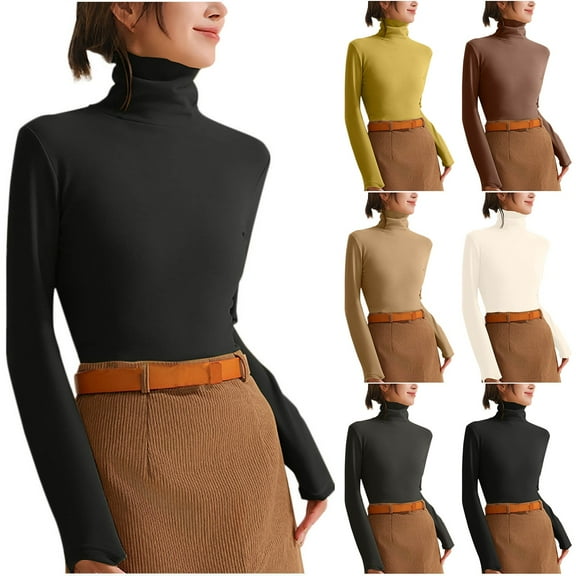 ATOYSOY Women's High Neck Sweatshirts Slim Basic Tops Casual Blouse Fleece Solid Color Pullover Spring Long Sleeve Shirts Winter Workout Fashion Beige L