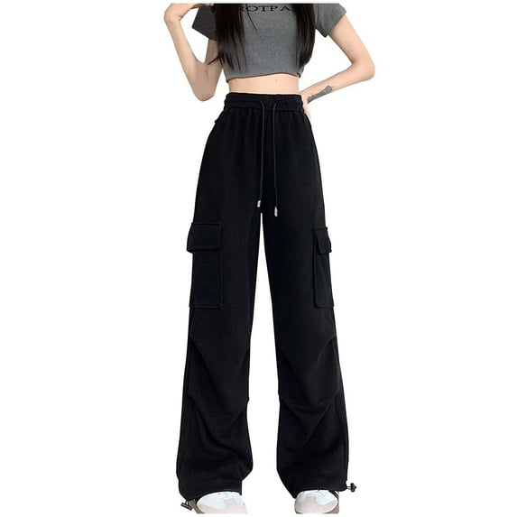 ATOYSOY Women's High Waist Jog Pants Drawstring Loose Cargo Pants with Pockets Fashion Relaxed Full Length Pants Casual Sweatpants Pleated Juniors Girls Trousers Black L
