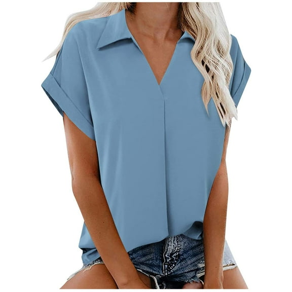 ATOYSOY Women's Holiday Pullovers Casual Short Sleeve Pleated Tops Cute Loose Dressy Tunic Shirts Fashion Clothes Business Tees Lapel V Neck Blouses Summer Blue S