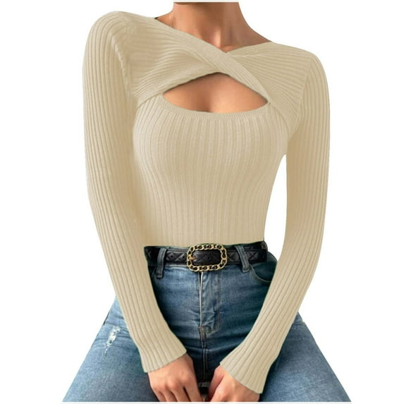 ATOYSOY Women's Keyhole Neck Sweatshirts Fall Slim Basic Ribbed Tops Workout Trendy Solid Color Blouses Long Sleeve Tees Relaxed Comfy Casual Beige XL