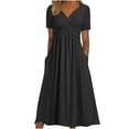 thumbnail image 1 of ATOYSOY Women's Knee Length A Line Dress Solid Color Ruched V Neck Boho Beach Elegant Casual Trendy Workout Retro Summer Sundress Short Sleeve Black, 1 of 6